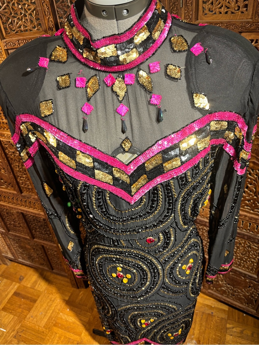 Vintage 100% Silk Embellished Black Long-Sleeve Sheer Dress with Pink Accents